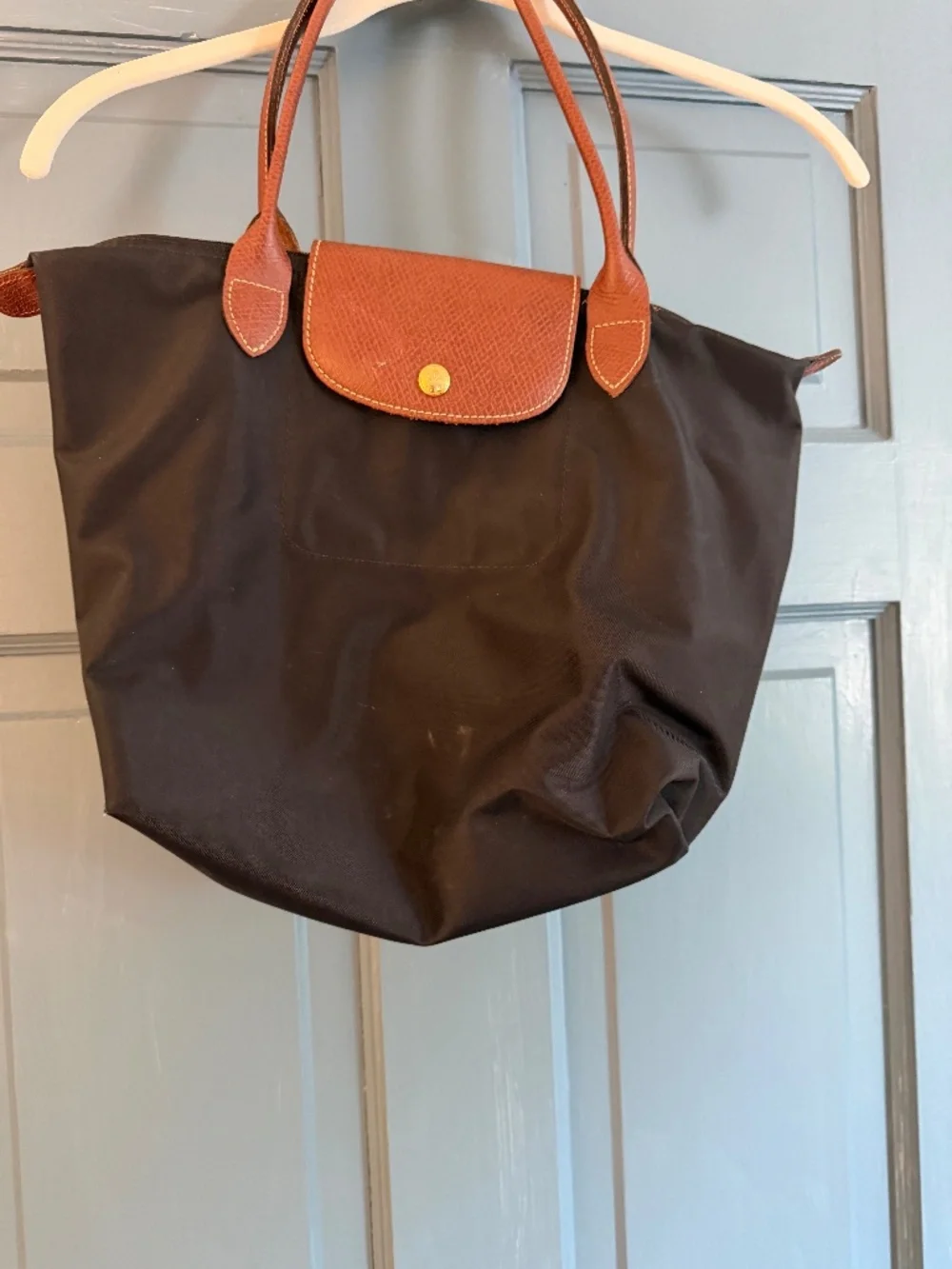 Longchamp Le Pliage Black Nylon Brown Leather Shoulder Tote Bag